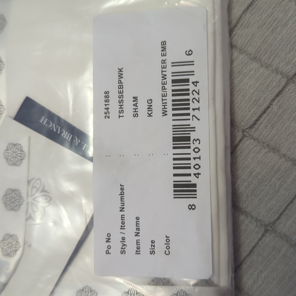 Boll & Branch Signature White / Pewter Embellished Sham King set of two - Picture 3 of 5